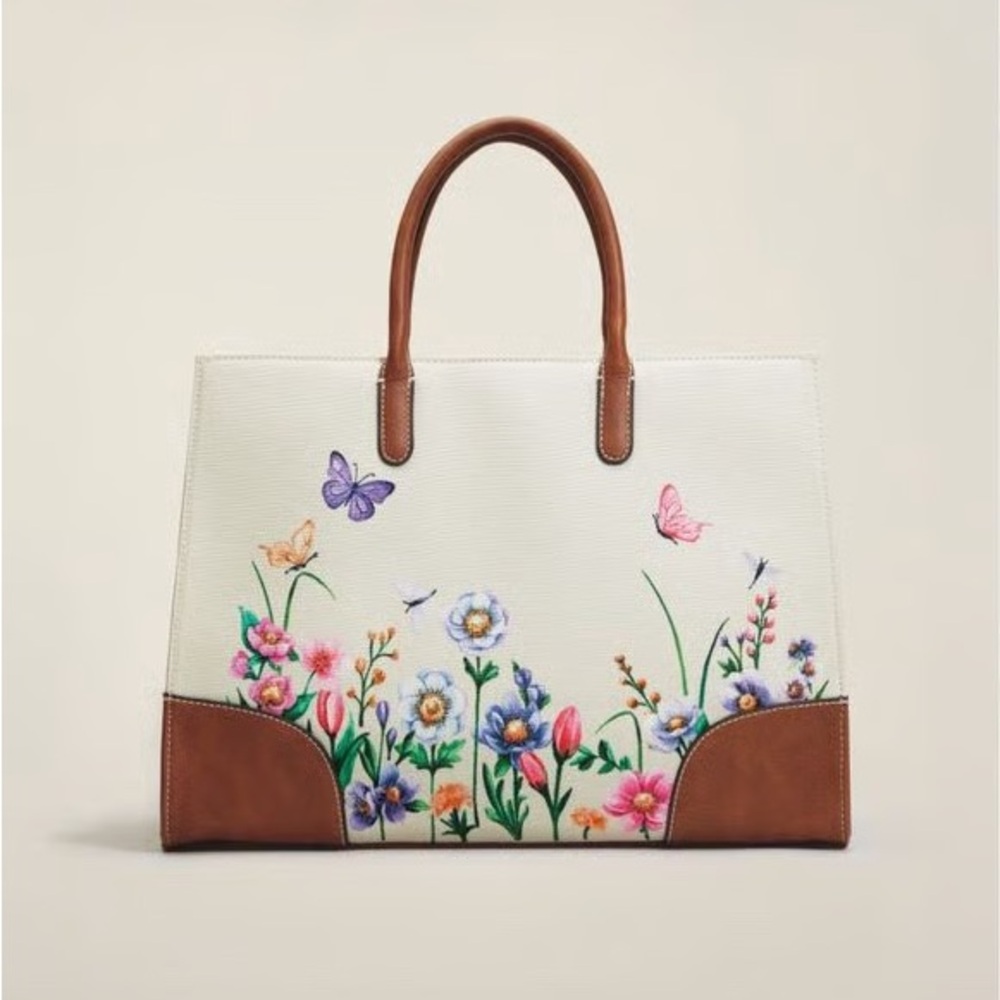 Floral Tote Bag with Brown Accents